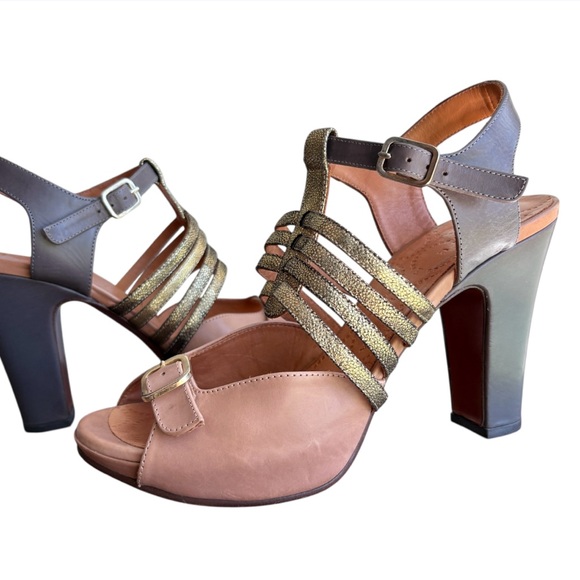 Chie Mihara Leather Strappy Sandal Boho Colorblock Gold Tan Block EU 39 US 9 - Picture 1 of 13
